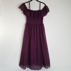H&M Lace Off Shoulder Midi Dress Burgundy Plum SIZE 4 Spaghetti Strap Purple